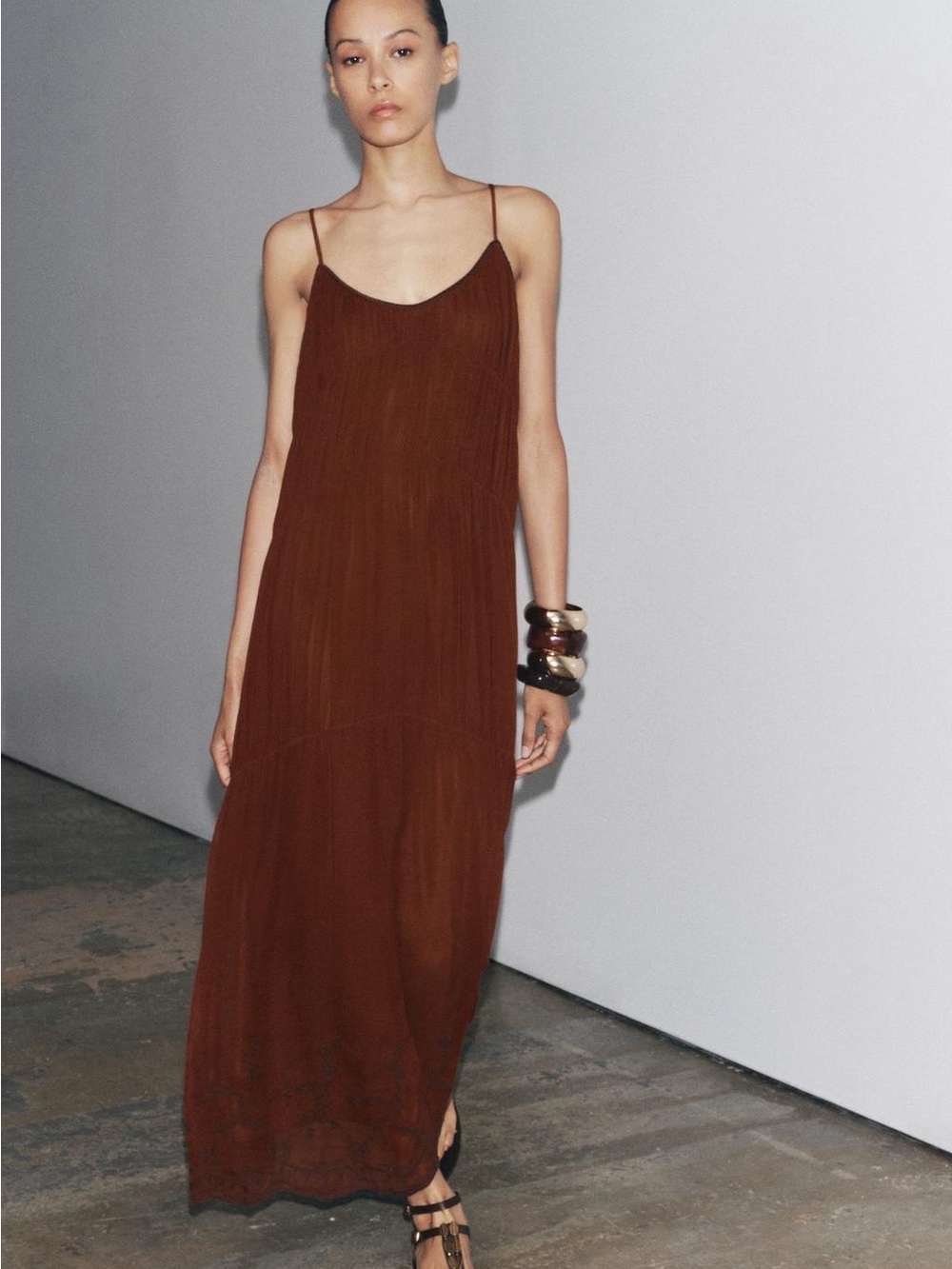 Zara NWT Rust Maxi Slip Embroidered Dress